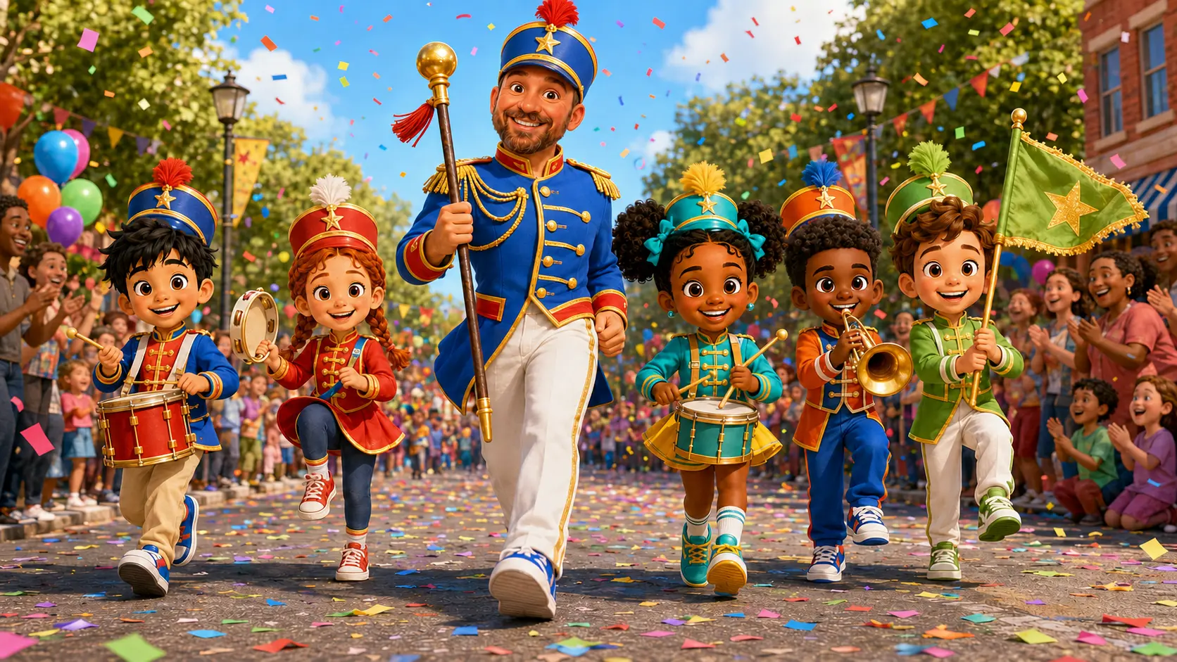 A marching band parade of children with instruments and confetti