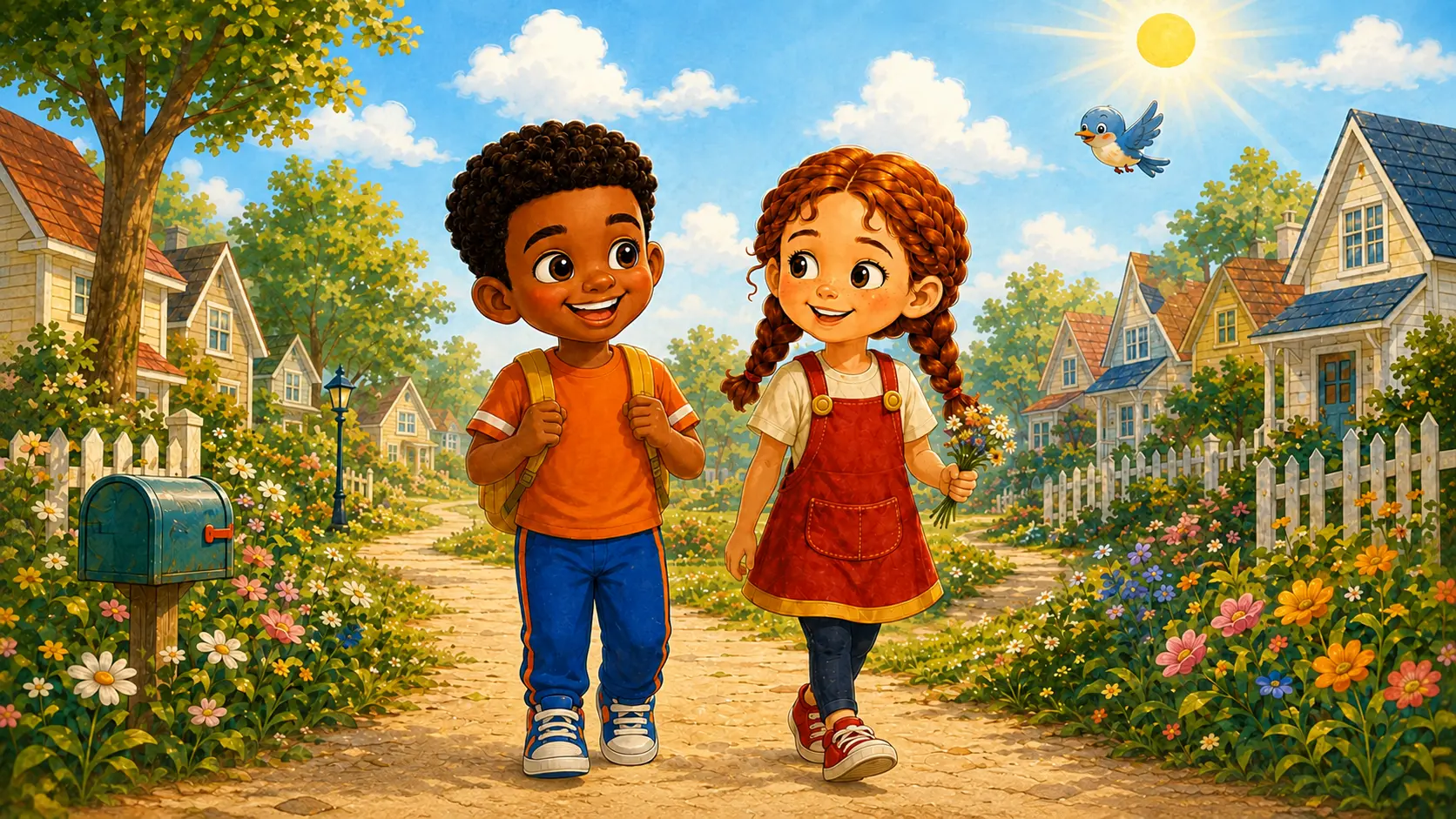 Two children walking together along a sunny village path