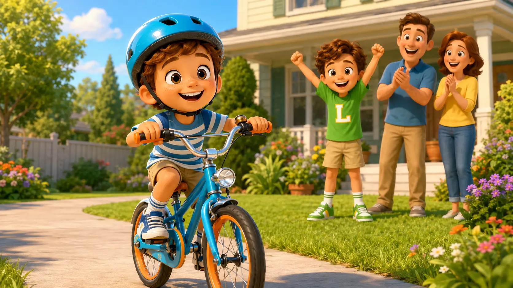 A child riding a bicycle while family cheers from the lawn