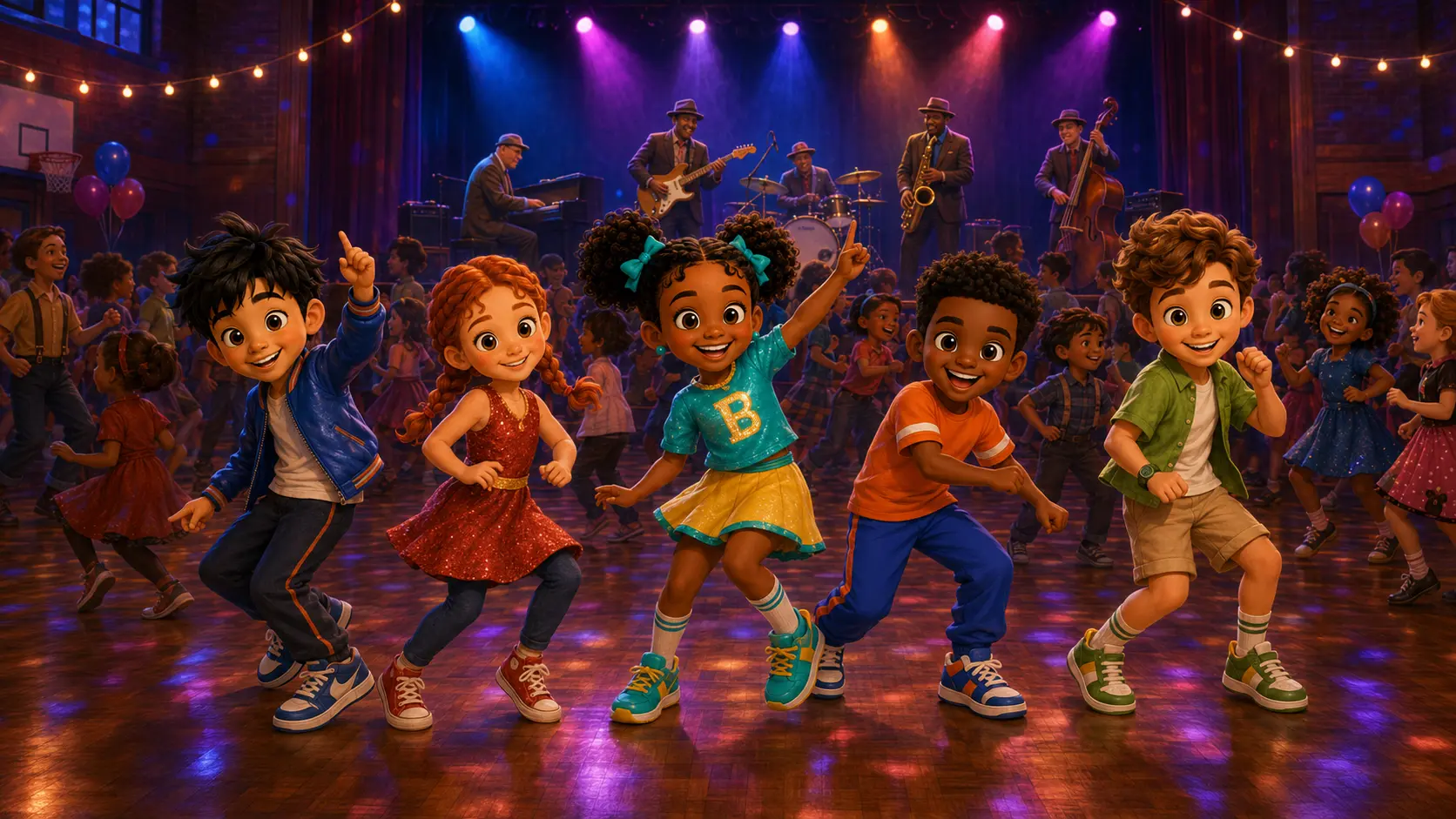 Children dancing in front of a live band on a lit stage