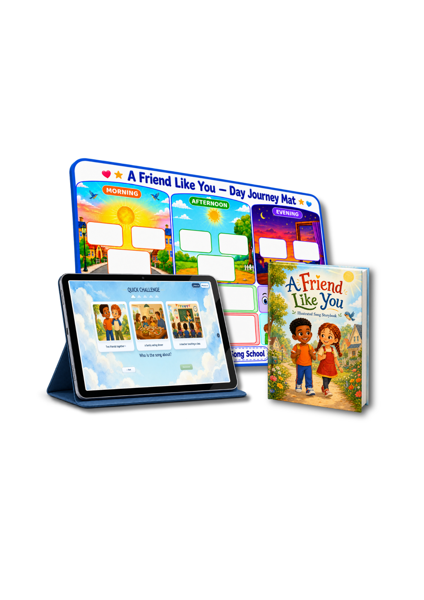 A Friend Like You learner bundle: interactive portal on a tablet, Day Journey learning mat and illustrated song storybook