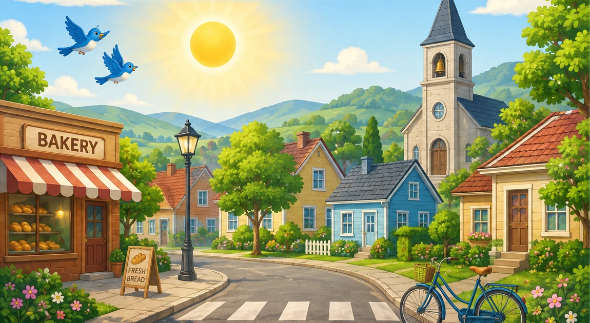 Bright morning town with a rising sun, birds, bakery, church tower, houses, a tree and a bicycle
